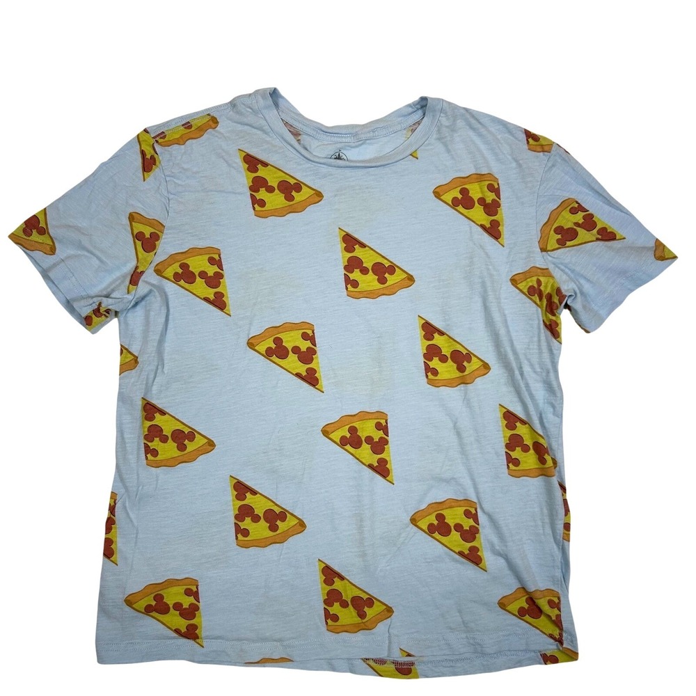Disney Parks Mickey Mouse Pizza All Over Print Blue Cotton T-Shirt Womens Medium